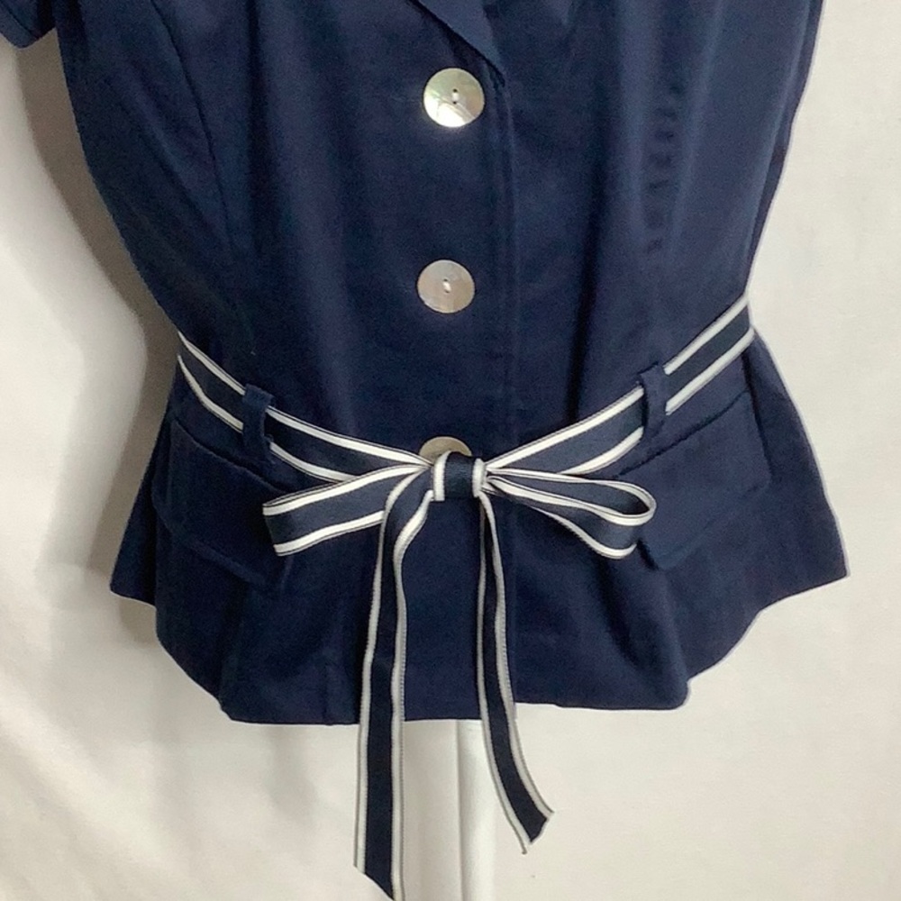 Dressbarn Navy Short Sleeve Blazer Top with Striped Belt Size 14 Career Office - Picture 4 of 16